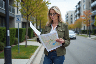 Femme examinant des cartes d'urbanisme dans la ville