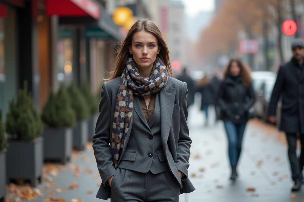 Jeune femme en costume gris dans une rue urbaine en automne