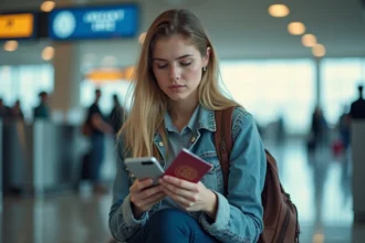 Jeune femme voyageant à l'aéroport avec passeport