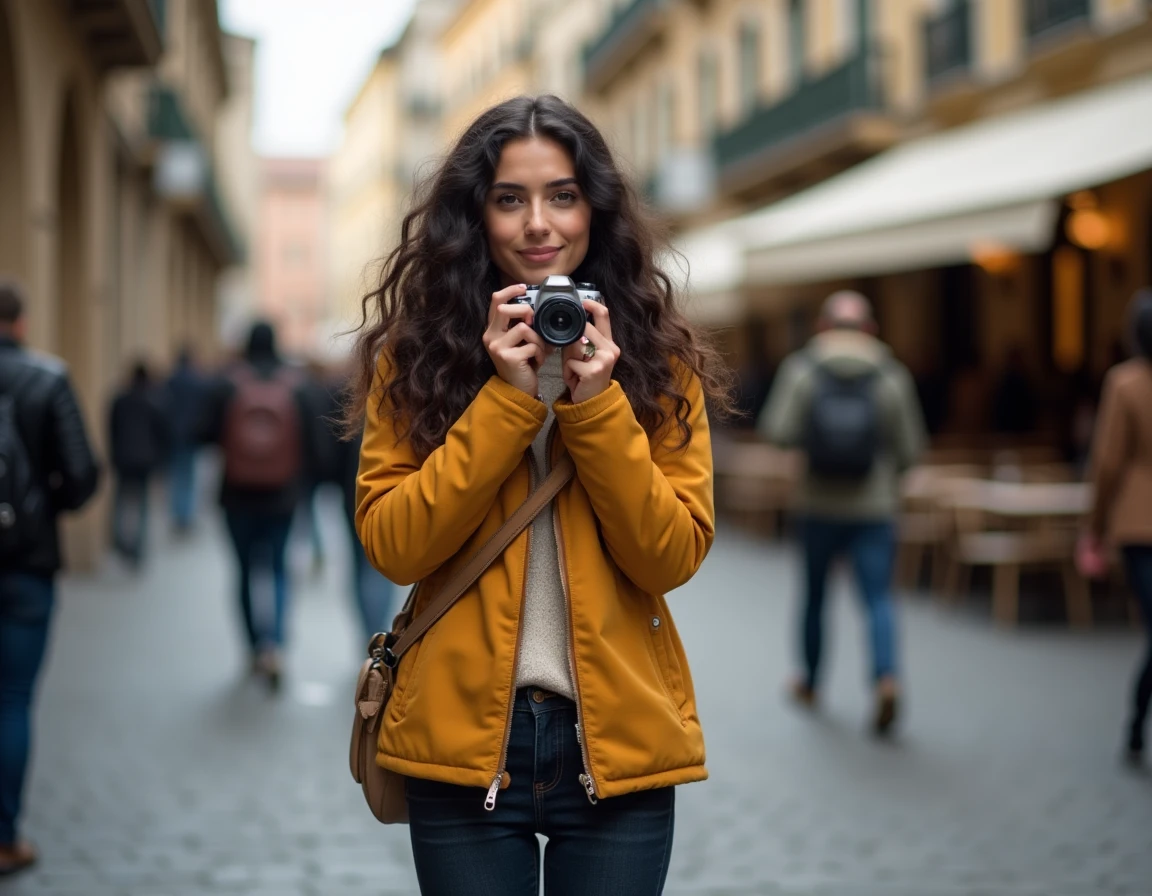 Jeune femme utilisant un appareil photo compact en voyage dans une rue européenne pavée