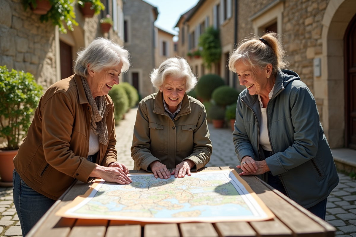 Trois femmes âgées consultent un plan cadastral en village