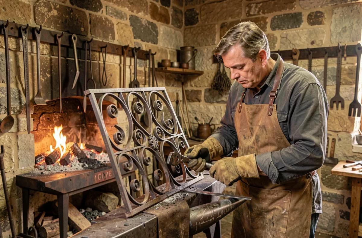 Artisan ferronnier d'art Pierre Bonichon façonnant un portail en fer forgé dans son atelier