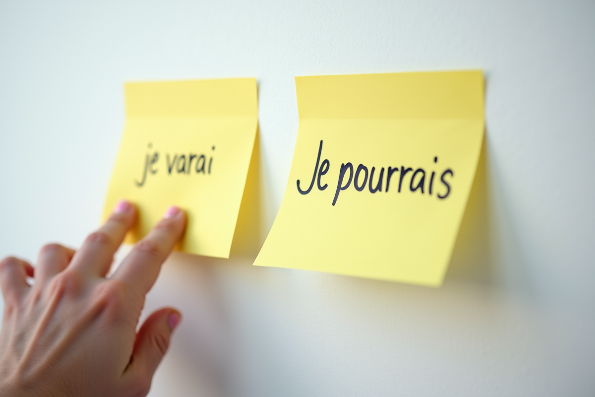 Fingers pointant vers notes de grammaire sur un mur blanc