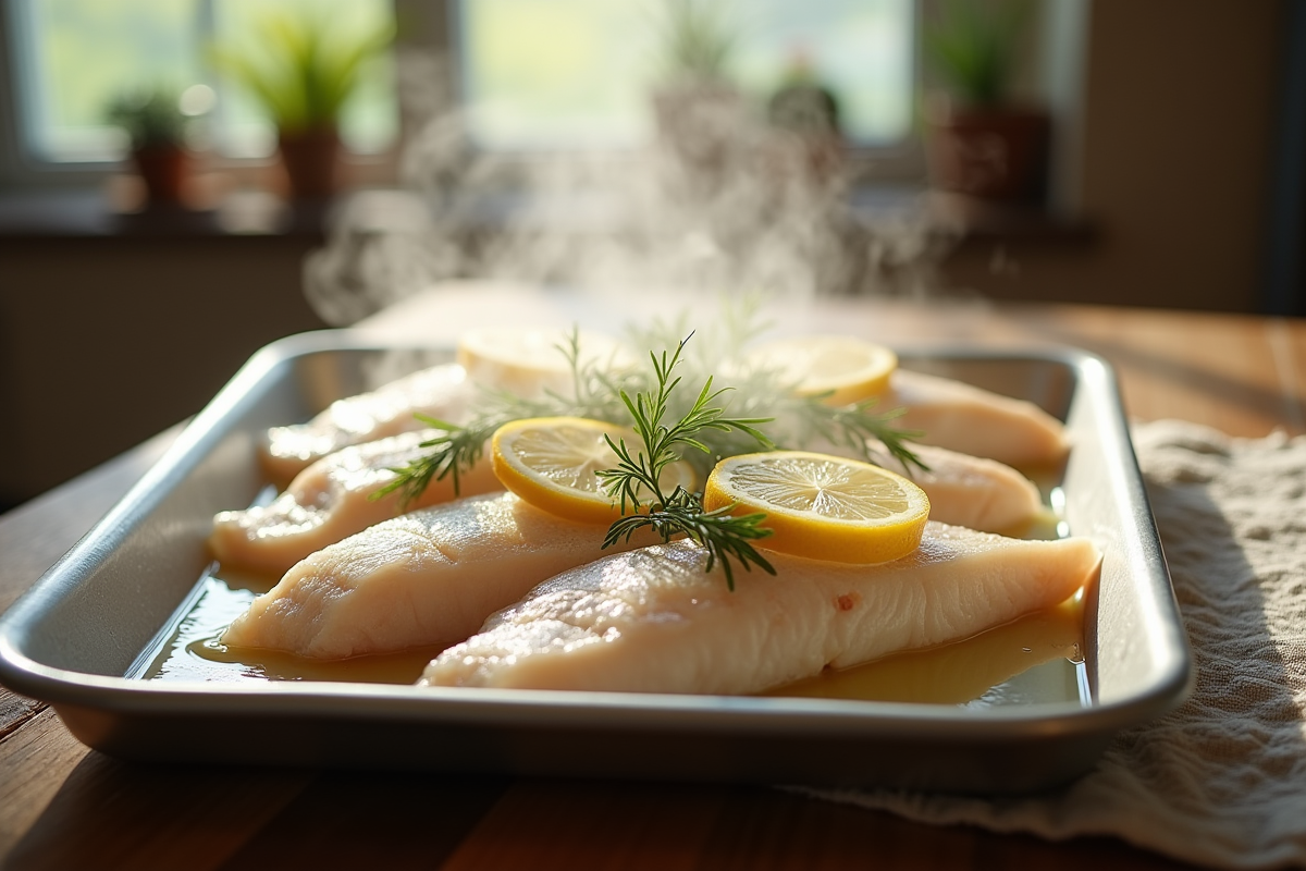 Filets de poisson blanc frais sortant du four avec citron et aneth