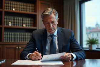 Homme officiel en costume bleu examinant des documents crypto