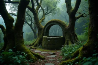 Forêt bretonne ancienne avec un puits de pierre moussu entouré de fougères, évoquant les lieux secrets des Korrigans dans la mythologie celtique