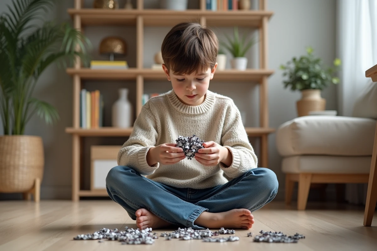 Jeune garçon concentré assemble puzzle dans salon