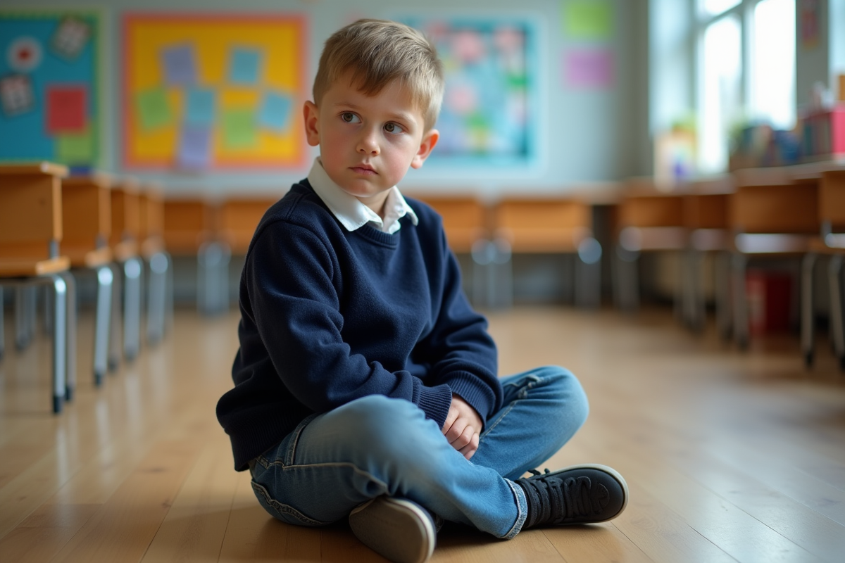 Garçon de 9 ans assis seul dans une salle de classe