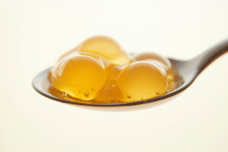 Gel liposomal de vitamine C avec bulles dorées en gros plan