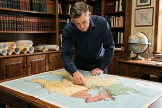 Géographe étudiant une carte du monde politique mettant en évidence les plus grands pays par superficie