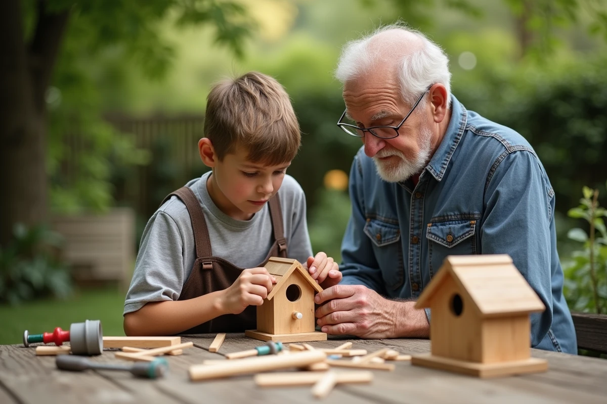 Grand-pere et enfant construisant une cabane pour oiseaux dans le jardin