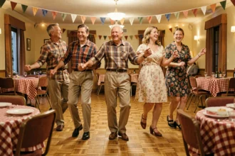 Groupe d'adultes dansant le madison en ligne dans une salle des fêtes décorée avec style rétro