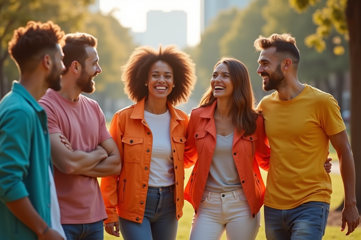 Groupe d amis en couleurs vives dans un parc urbain ensoleille