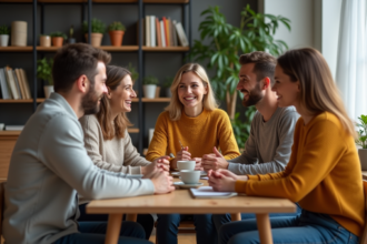 Groupe d'amis discutant dans un appartement chaleureux