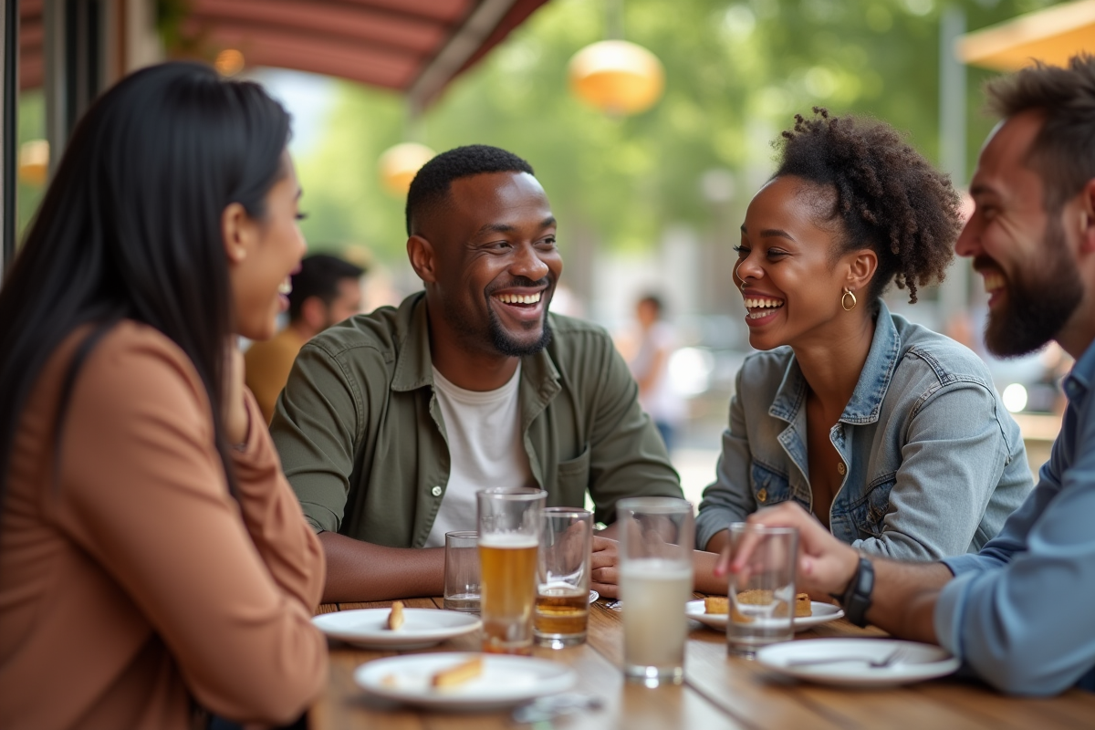 Groupe divers partageant un moment convivial en terrasse