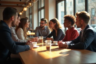 Groupe de personnes discutant autour d'une table en café urbain
