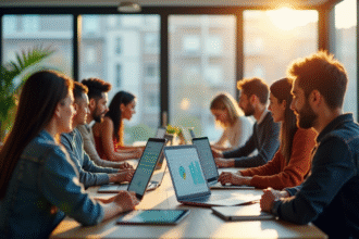 Groupe d'étudiants divers travaillant sur un bureau lumineux