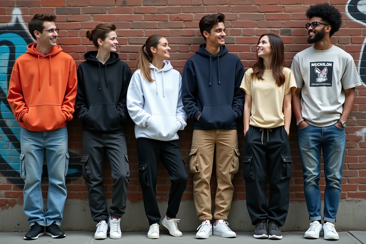 Groupe de jeunes adultes en streetwear dans une rue urbaine