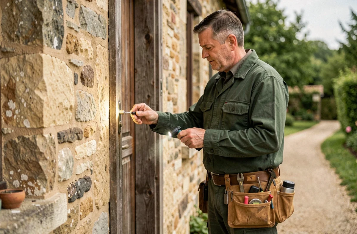 Patrick Hemery, serrurier indépendant, inspectant la serrure d'une maison en pierre en Creuse