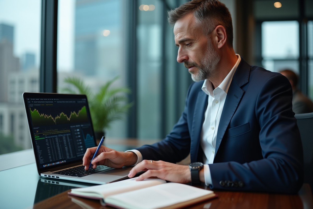 Homme d'affaires en costume analysant des graphiques financiers