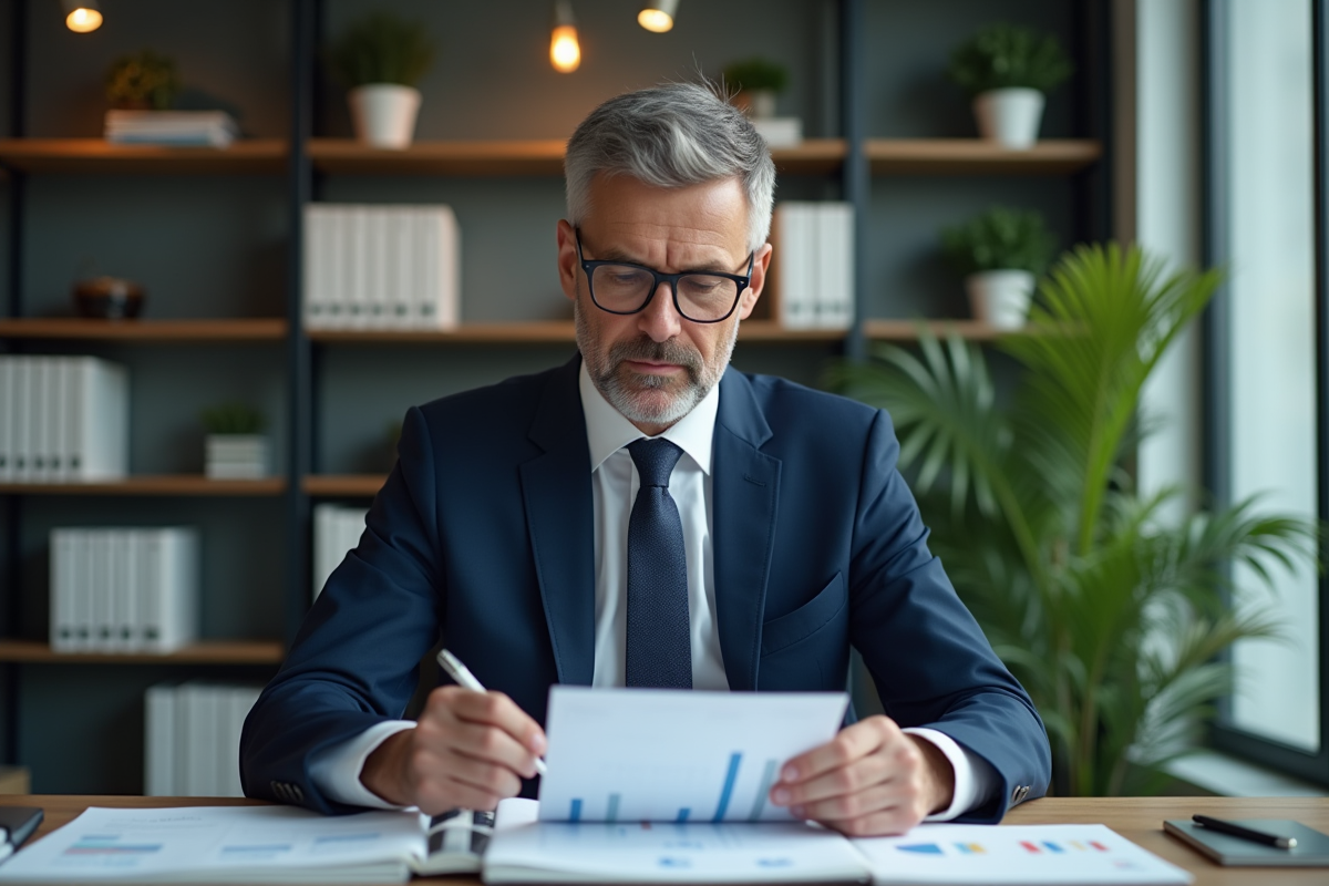 Homme d'affaires en costume bleu examine des documents