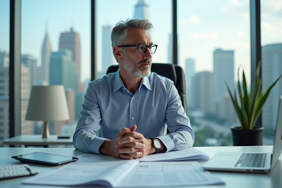 Homme d'affaires réfléchi dans un bureau moderne avec documents internationaux