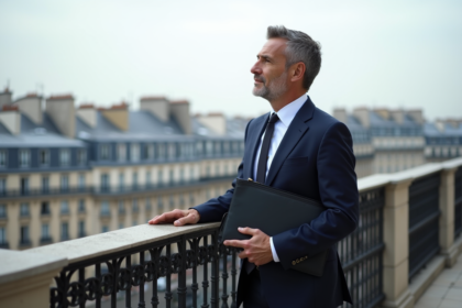 Homme d'affaires français regardant Paris depuis un balcon