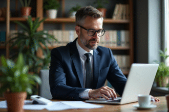 Homme d'affaires en costume navy concentré sur son ordinateur