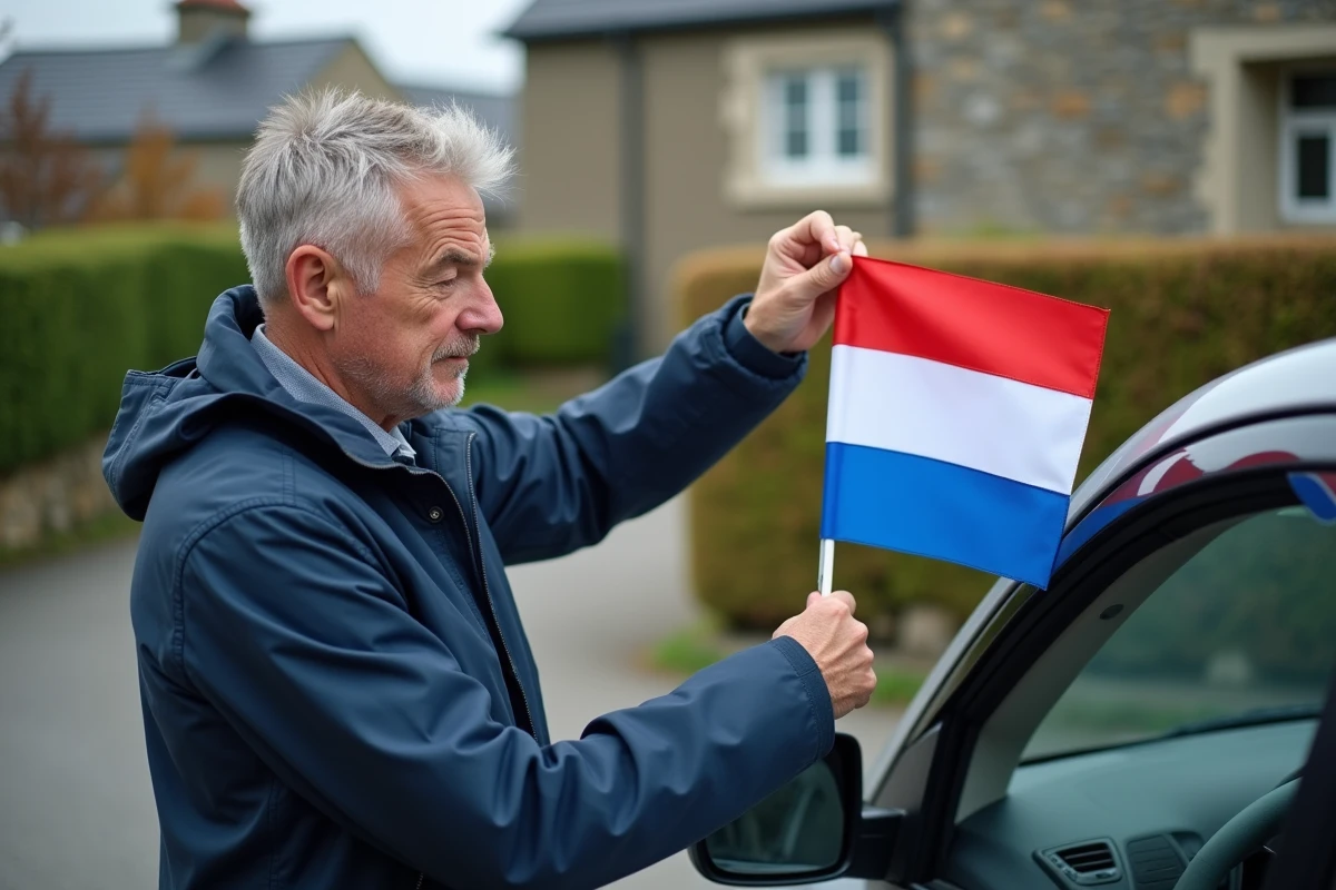 Homme attachant un drapeau breton à une voiture