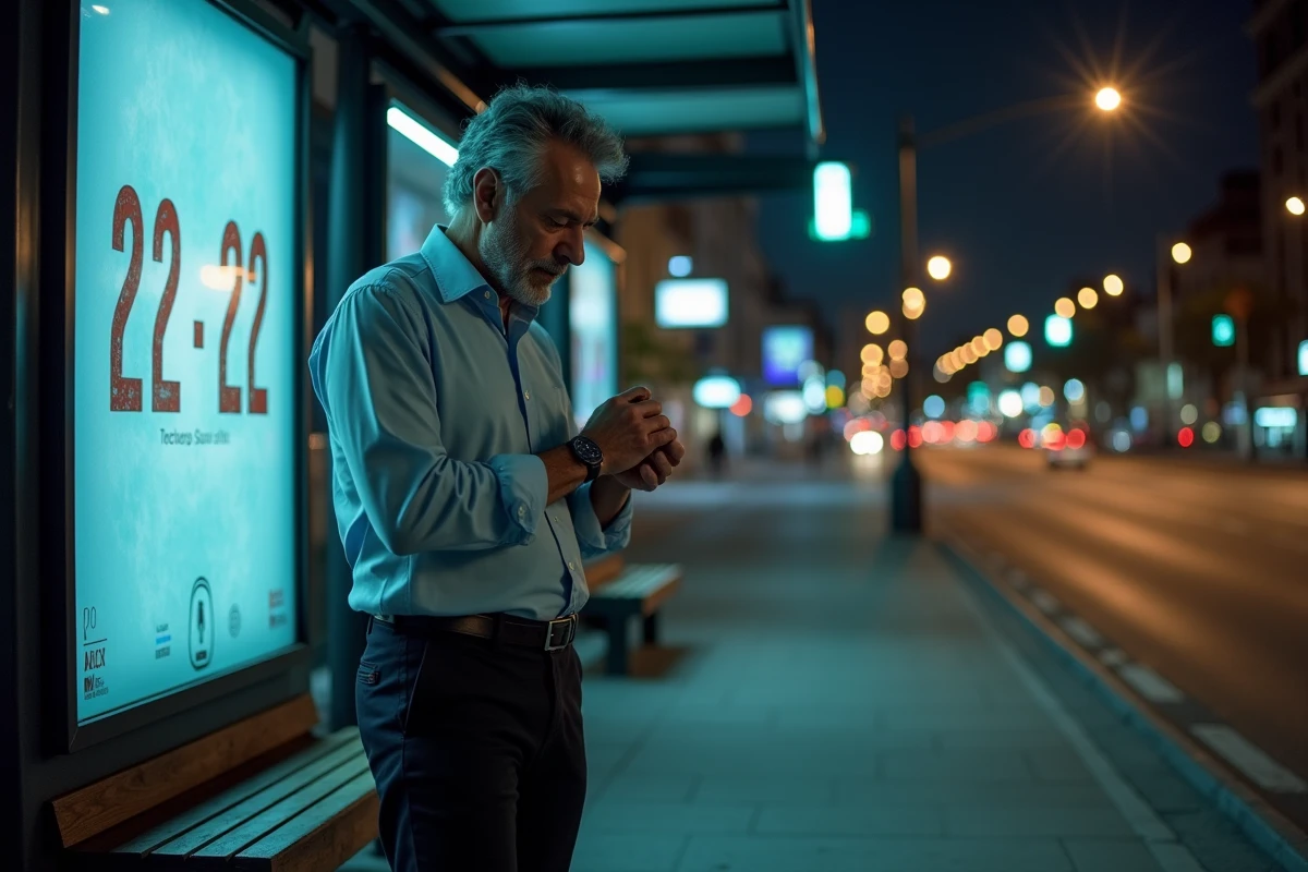 Homme vérifiant sa montre à un arrêt de bus la nuit