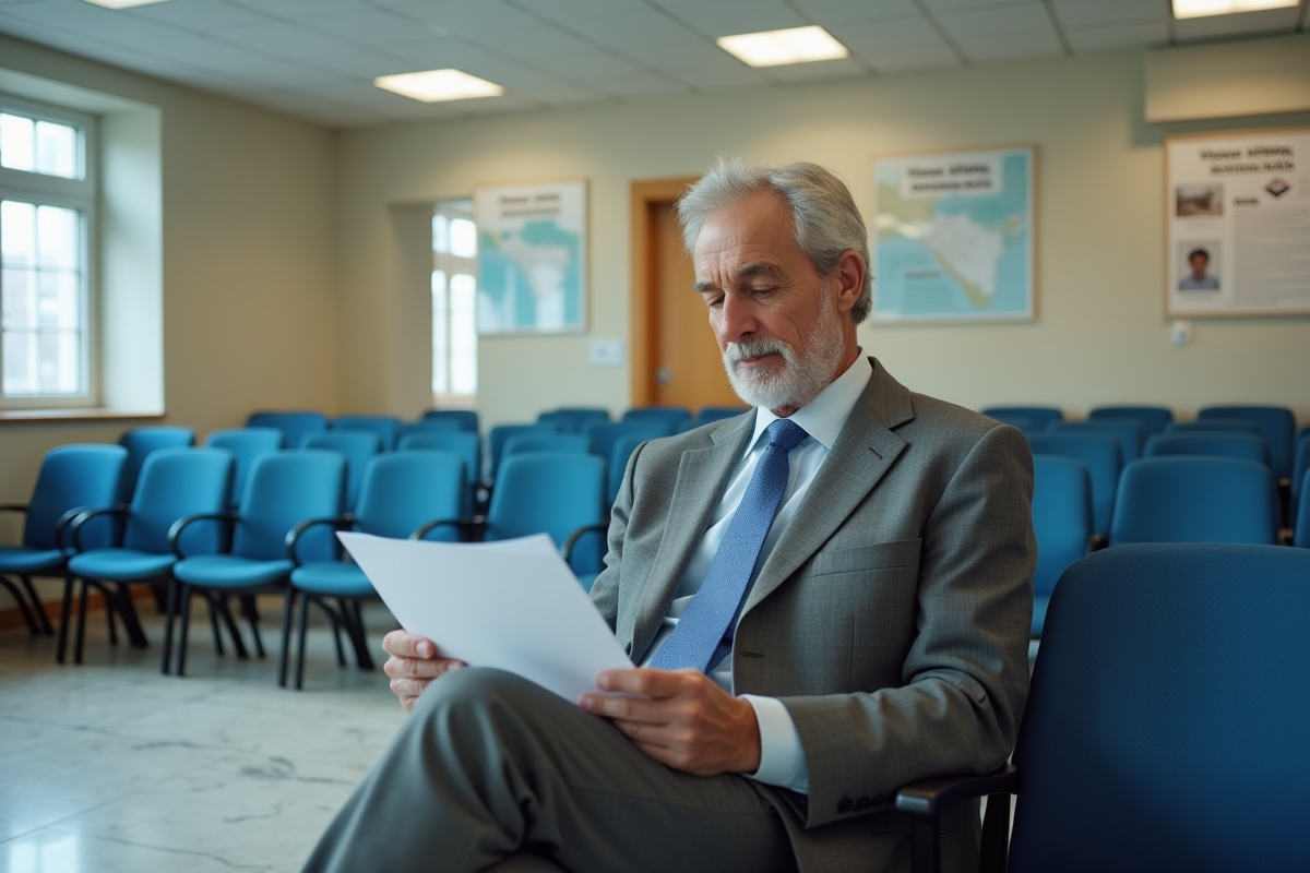 Homme en costume vérifiant ses documents dans un bureau officiel