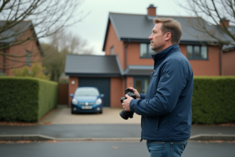 Homme en jeans et veste bleue regardant une maison moderne