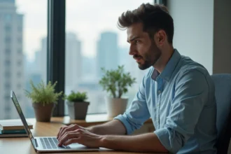 Homme au bureau regardant le site Nokraf sur son ordinateur