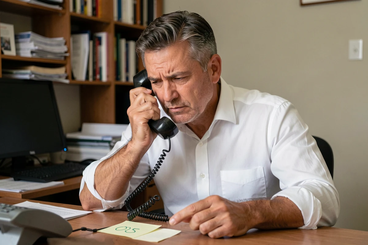 Homme au bureau vérifiant un numéro de téléphone inconnu commençant par 05 sur un post-it