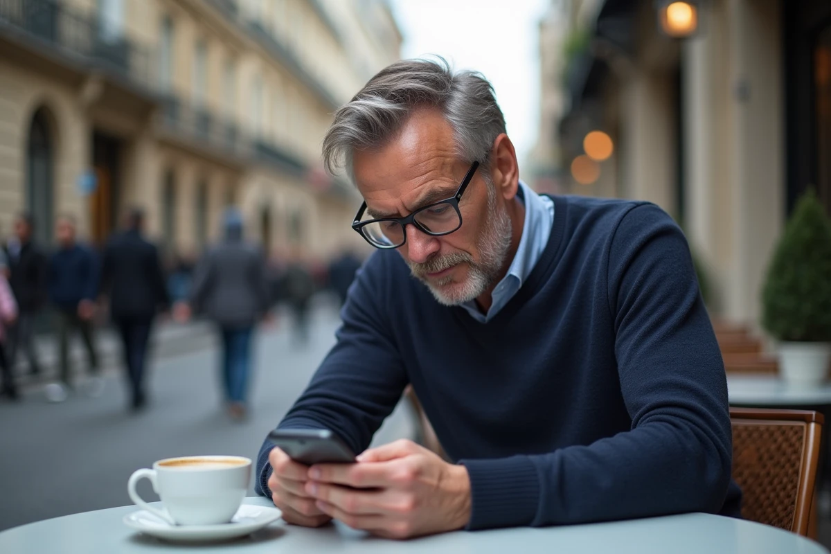 Homme français dans un café parisien avec smartphone