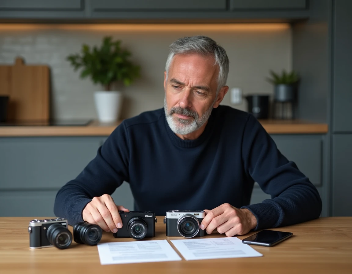 Homme comparant plusieurs appareils photo compacts sur une table avec fiches techniques, guide d'achat 2026