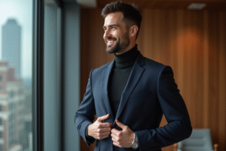 Homme en costume navy et col roulé dans un bureau moderne