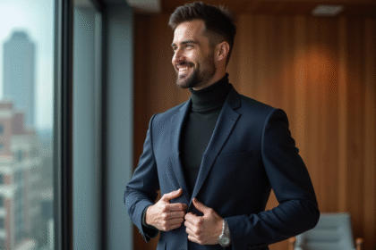 Homme en costume navy et col roulé dans un bureau moderne