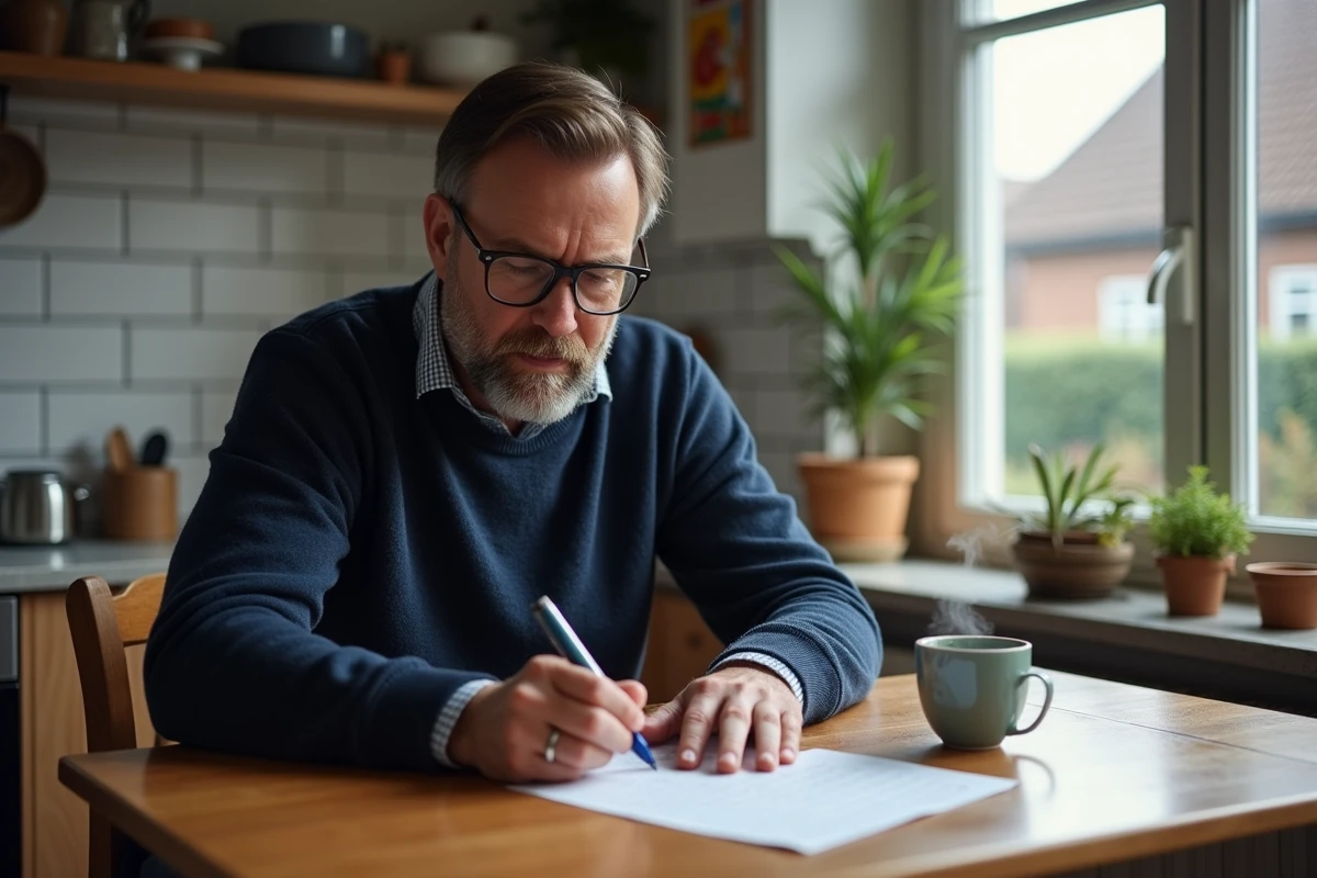 Homme d'âge moyen faisant un mots croisés dans la cuisine