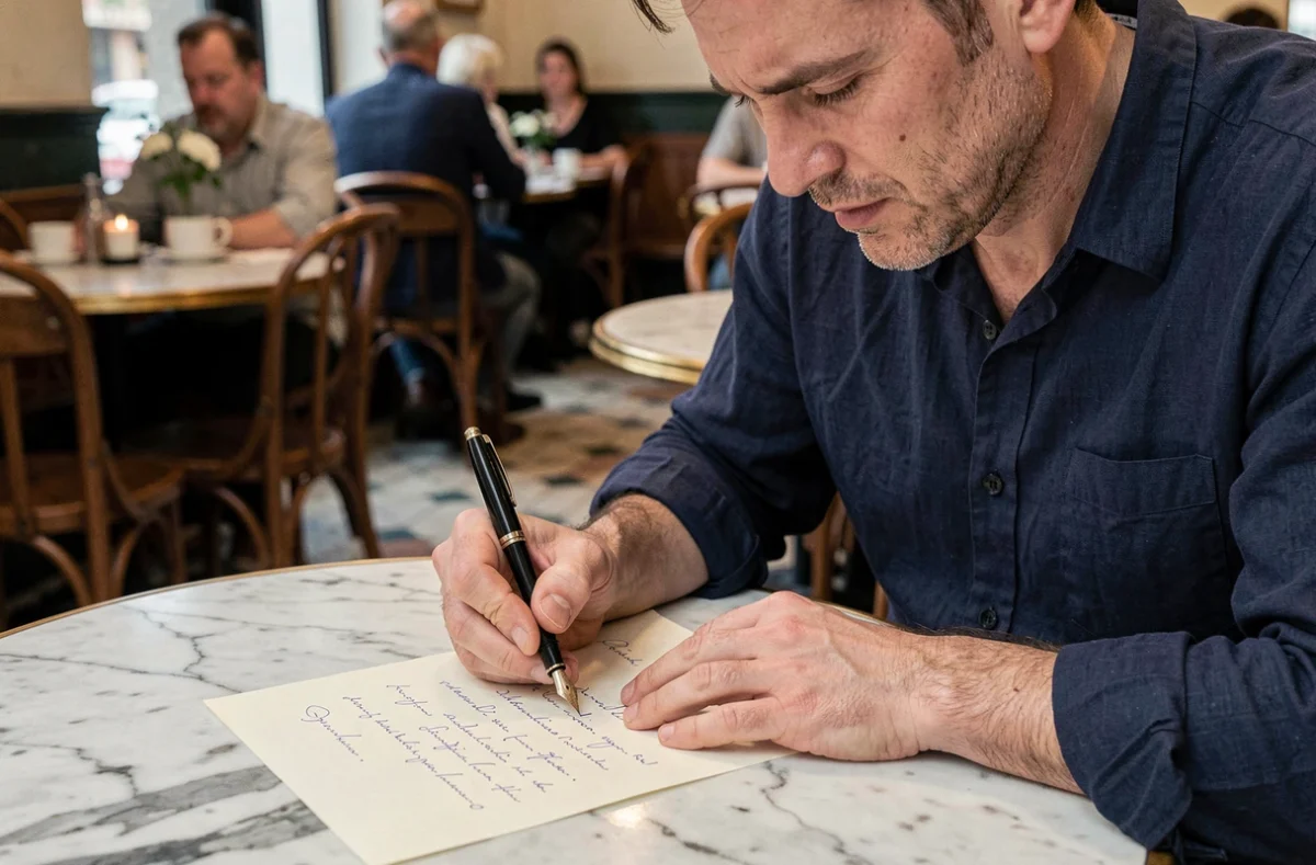 Homme en train d'écrire une lettre à la main dans un café parisien, illustrant la réflexion sur les règles grammaticales du verbe envoyer