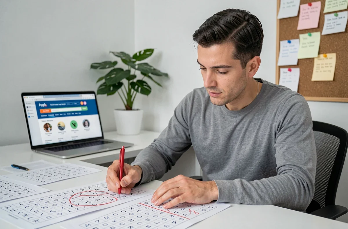 Homme concentré sur des exercices d'anagrammes imprimés à son bureau avec un stylo rouge