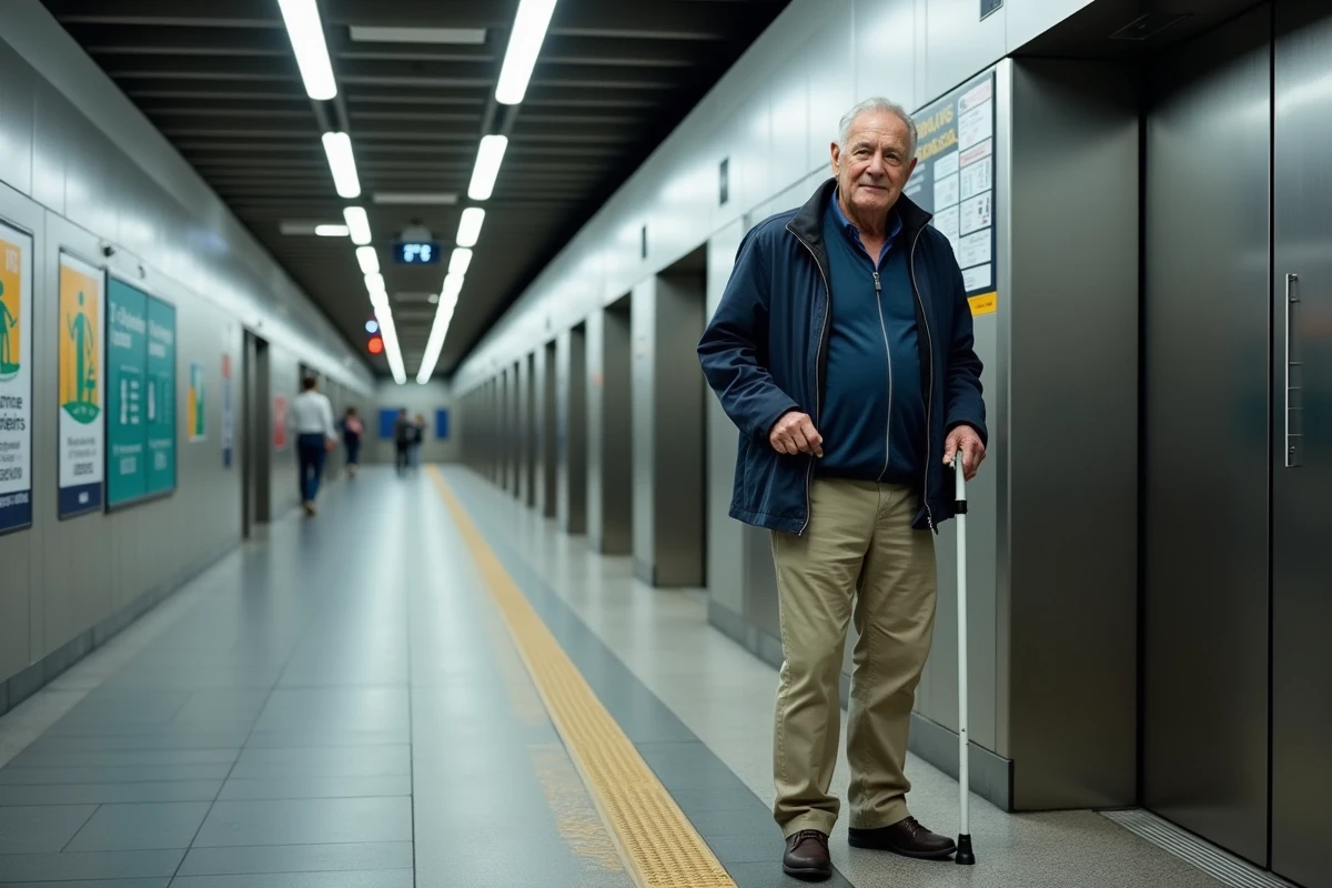 Homme âgé avec canne dans une station de métro moderne