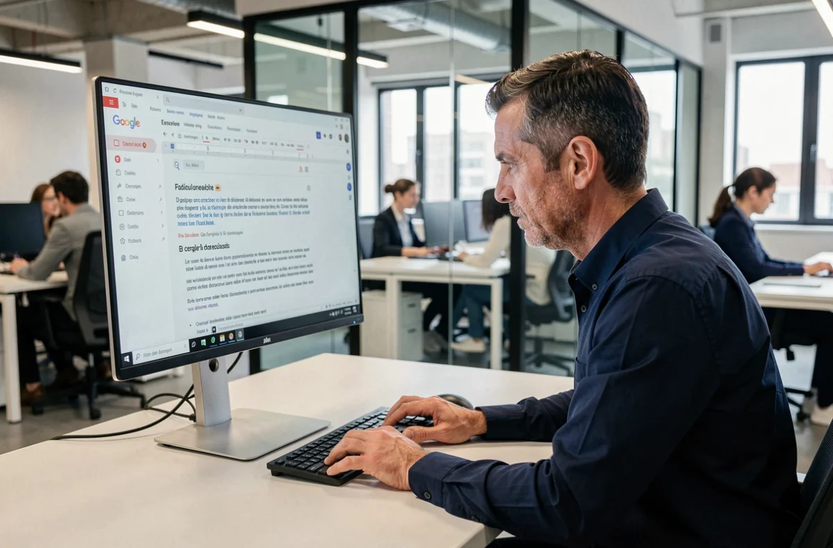 Homme travaillant sur Google Docs dans un bureau moderne avec un document en langue française affiché