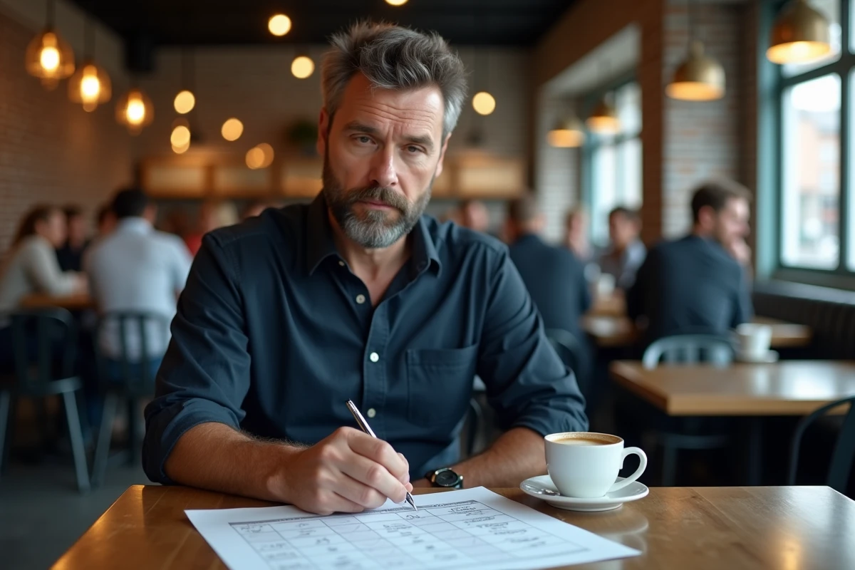 Homme annotant une grille de mots sémantiques dans un café urbain avec un stylo et un espresso