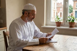Homme consultant un calendrier des heures de prière islamique à Agen dans son appartement