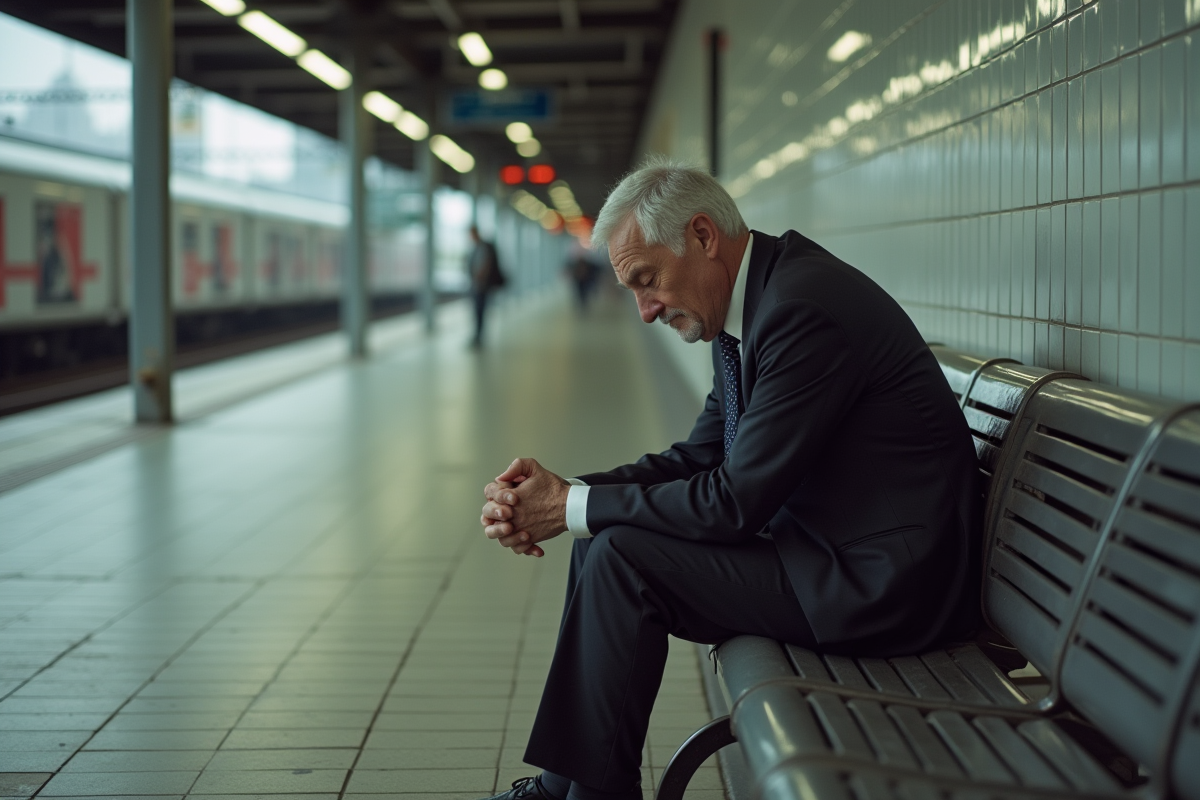 Homme d'âge moyen assis seul dans une gare urbaine