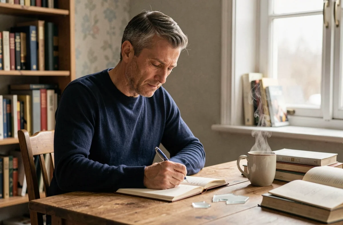 Homme écrivant dans son journal de rêves avec un fragment de verre blanc posé sur son bureau, ambiance introspective