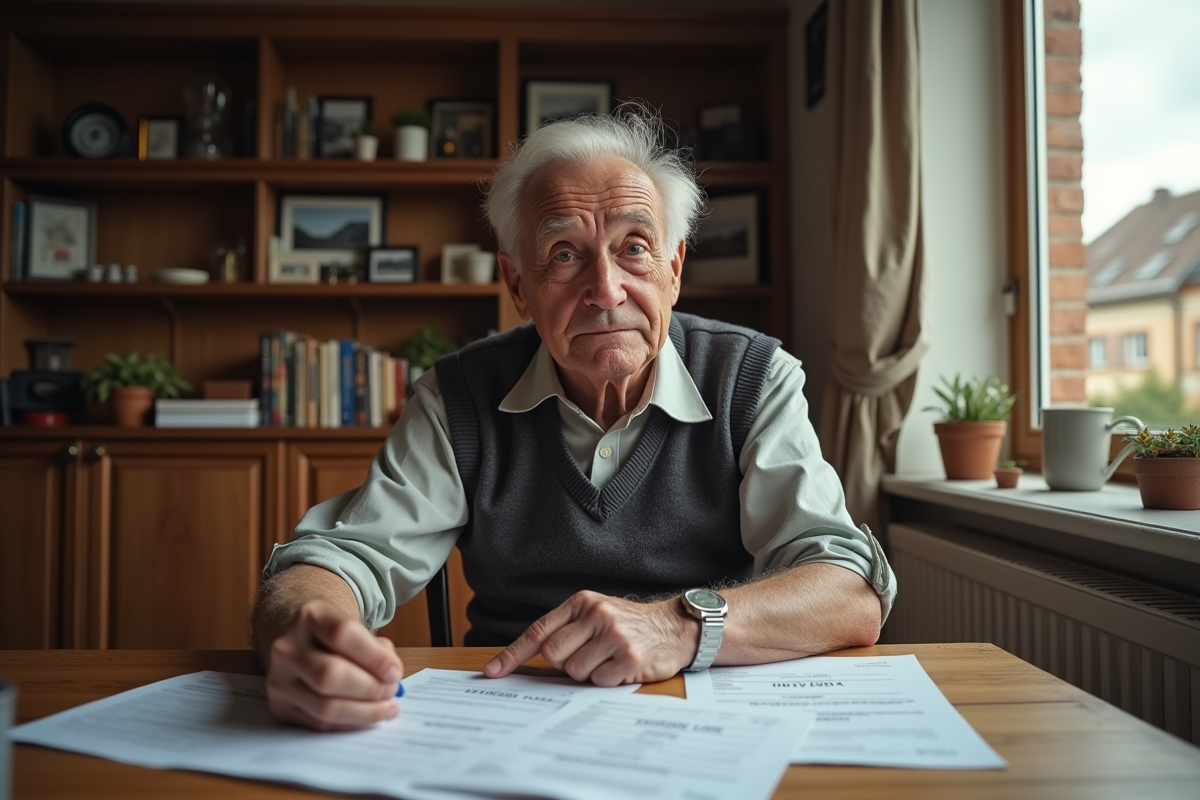 Homme âgé examinant des papiers dans une maison chaleureuse
