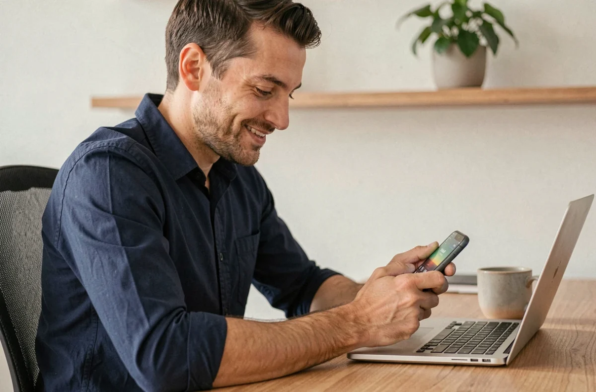 Homme concentré utilisant des liens de dés gratuits sur Monopoly GO depuis son bureau à domicile