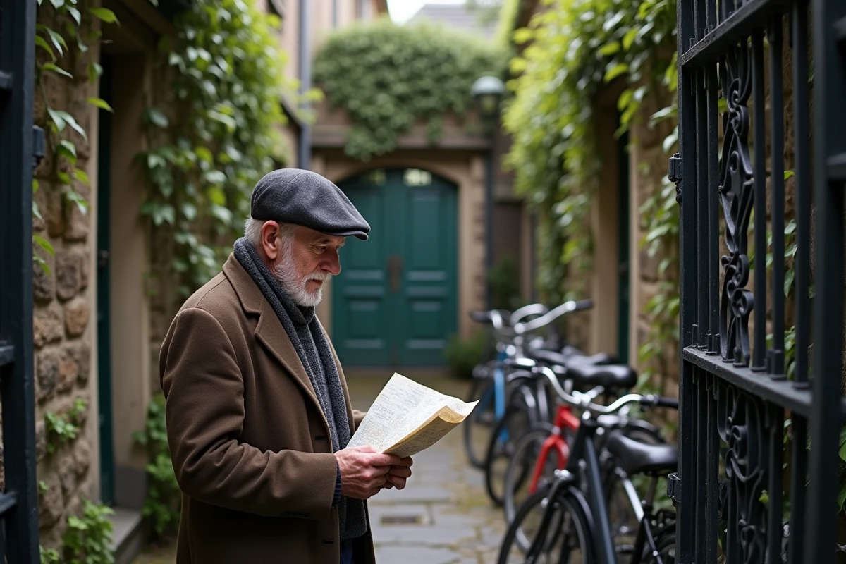 Homme âgé lisant une carte dans une cour de Lille